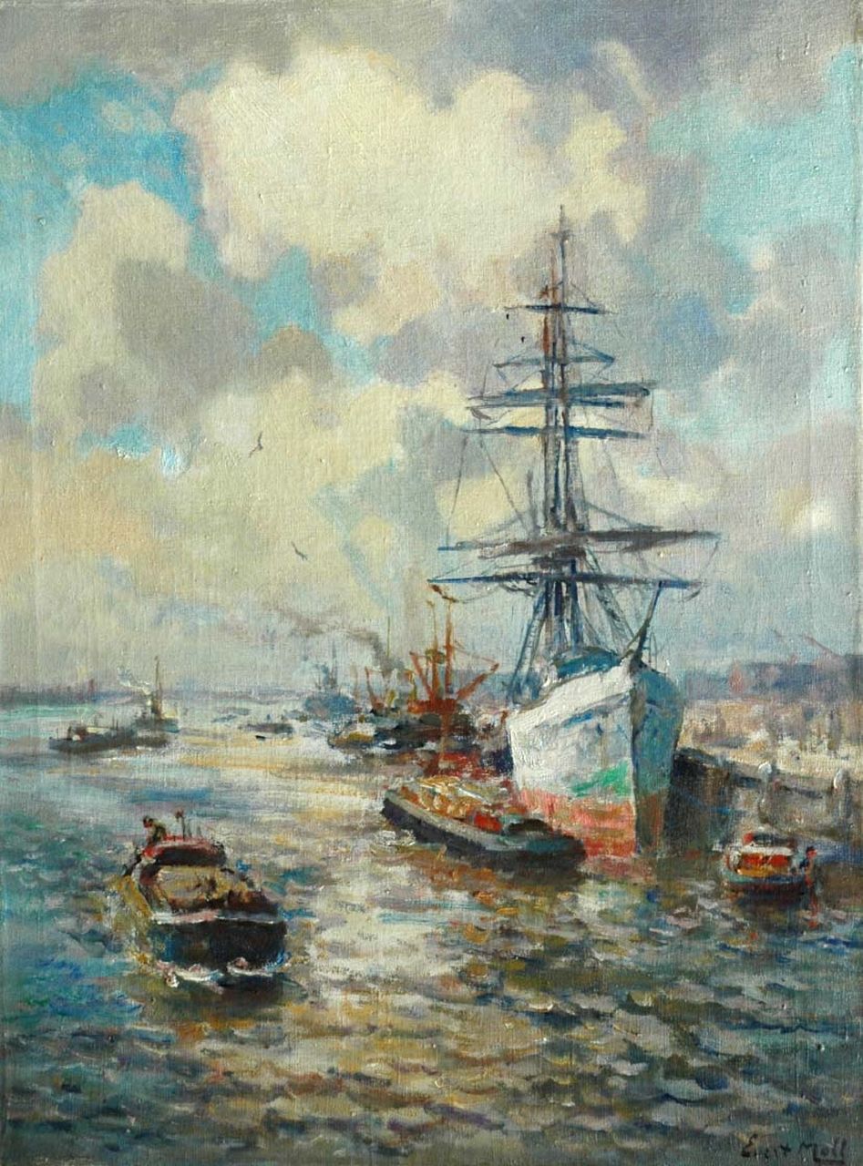 Moll E.  | Evert Moll, Driemaster in de haven van Rotterdam, olieverf op doek 81,3 x 60,9 cm, gesigneerd rechtsonder