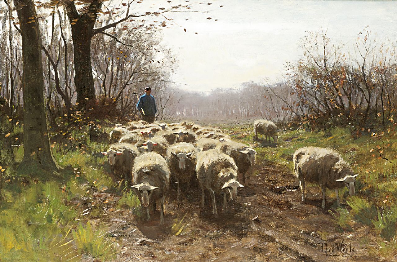 Weele H.J. van der | 'Herman' Johannes van der Weele, Herder met schaapskudde, olieverf op doek 58,7 x 86,6 cm, gesigneerd rechtsonder