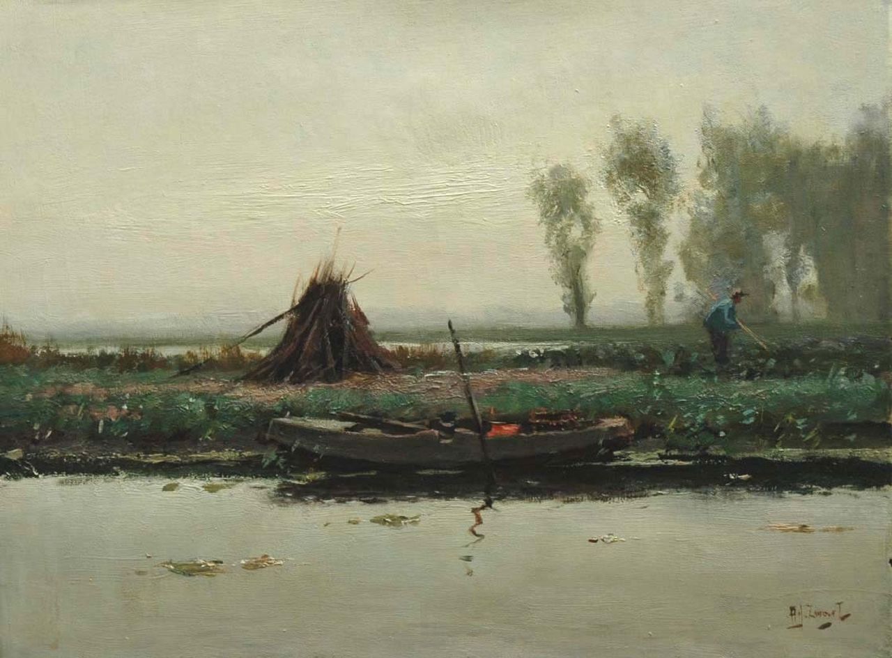 Zwart A.J.  | Adrianus Johannes 'Arie' Zwart, Boer in polderlandschap, olieverf op doek 30,0 x 40,0 cm, gesigneerd rechtsonder