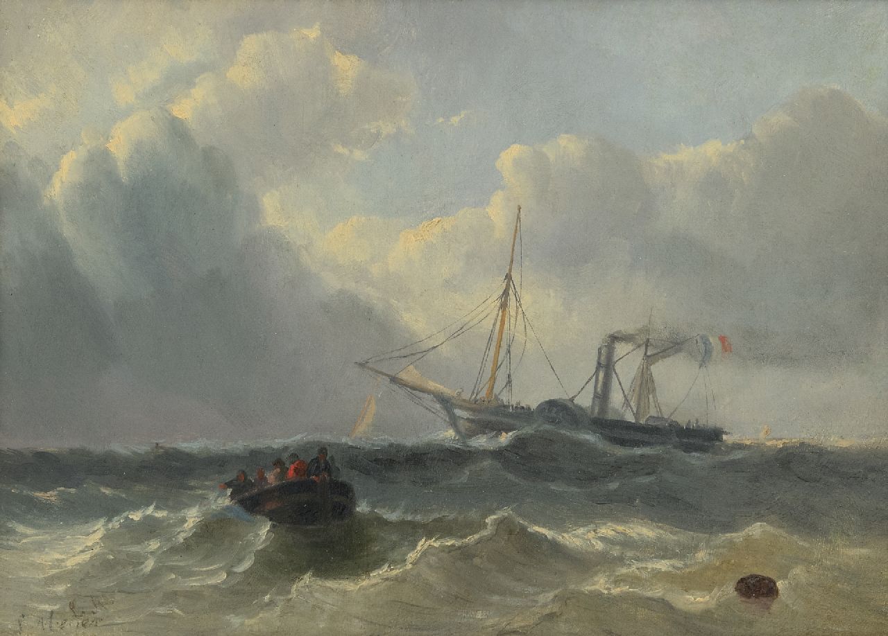 Meijer J.H.L.  | Johan Hendrik 'Louis' Meijer, Zeegezicht met een Frans stoomraderschip en sloep, olieverf op paneel 24,5 x 33,5 cm, gesigneerd linksonder