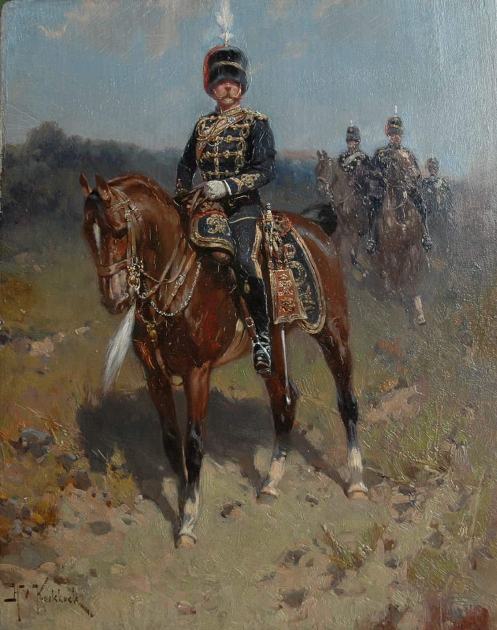 Koekkoek H.W.  | Hermanus Willem Koekkoek, Rode Huzaren te paard, olieverf op paneel 27,1 x 21,3 cm, gesigneerd linksonder