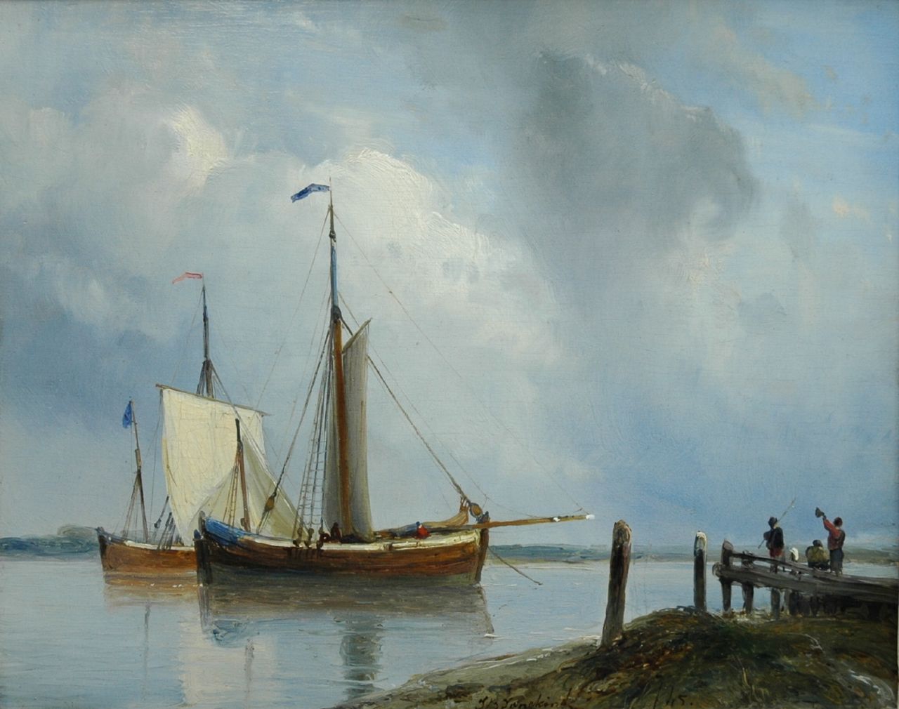 Jongkind J.B.  | Johan Barthold Jongkind, Riviergezicht met zeilschepen, olieverf op paneel 23,0 x 29,0 cm, gesigneerd rechts van het midden. en gedateerd '45