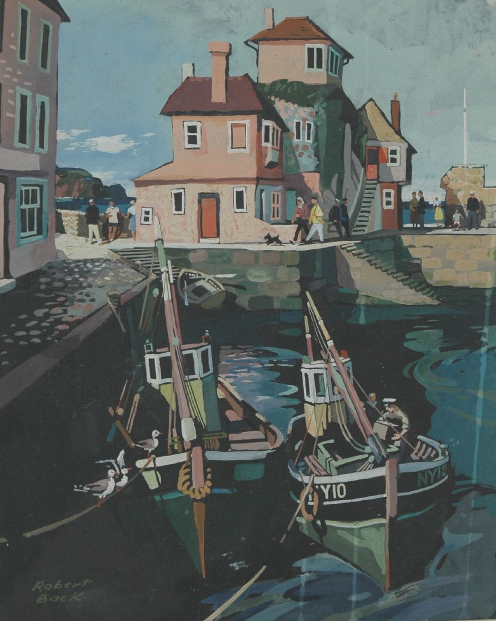 Back R.T.  | Robert Trenaman Back, Vissersschepen in de haven van Mevagissey, Cornwall, gouache op papier 32,0 x 25,8 cm, gesigneerd linksonder