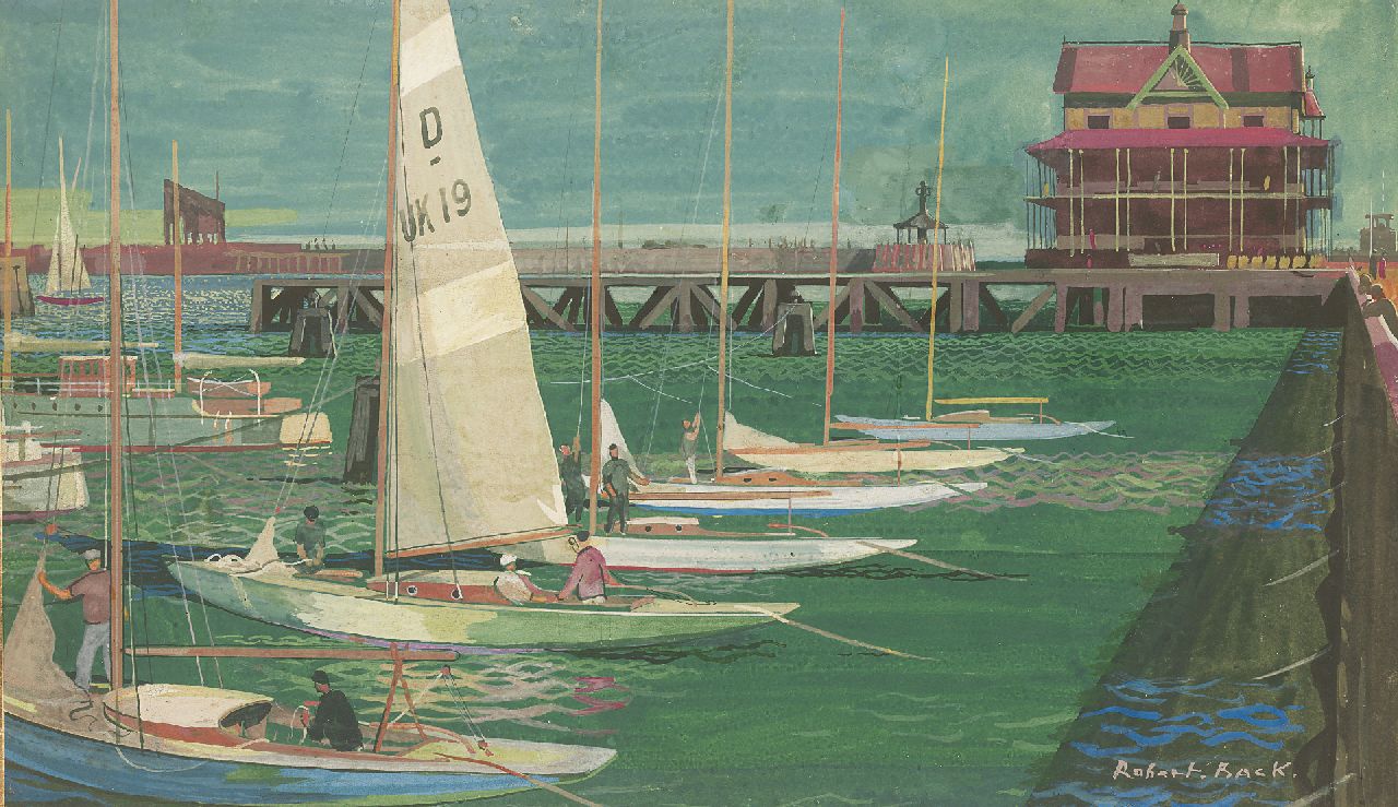 Back R.T.  | Robert Trenaman Back, Afgemeerde Draken in een haven, aquarel op papier 29,4 x 49,8 cm, gesigneerd rechtsonder en te dateren ca. 1945-1955