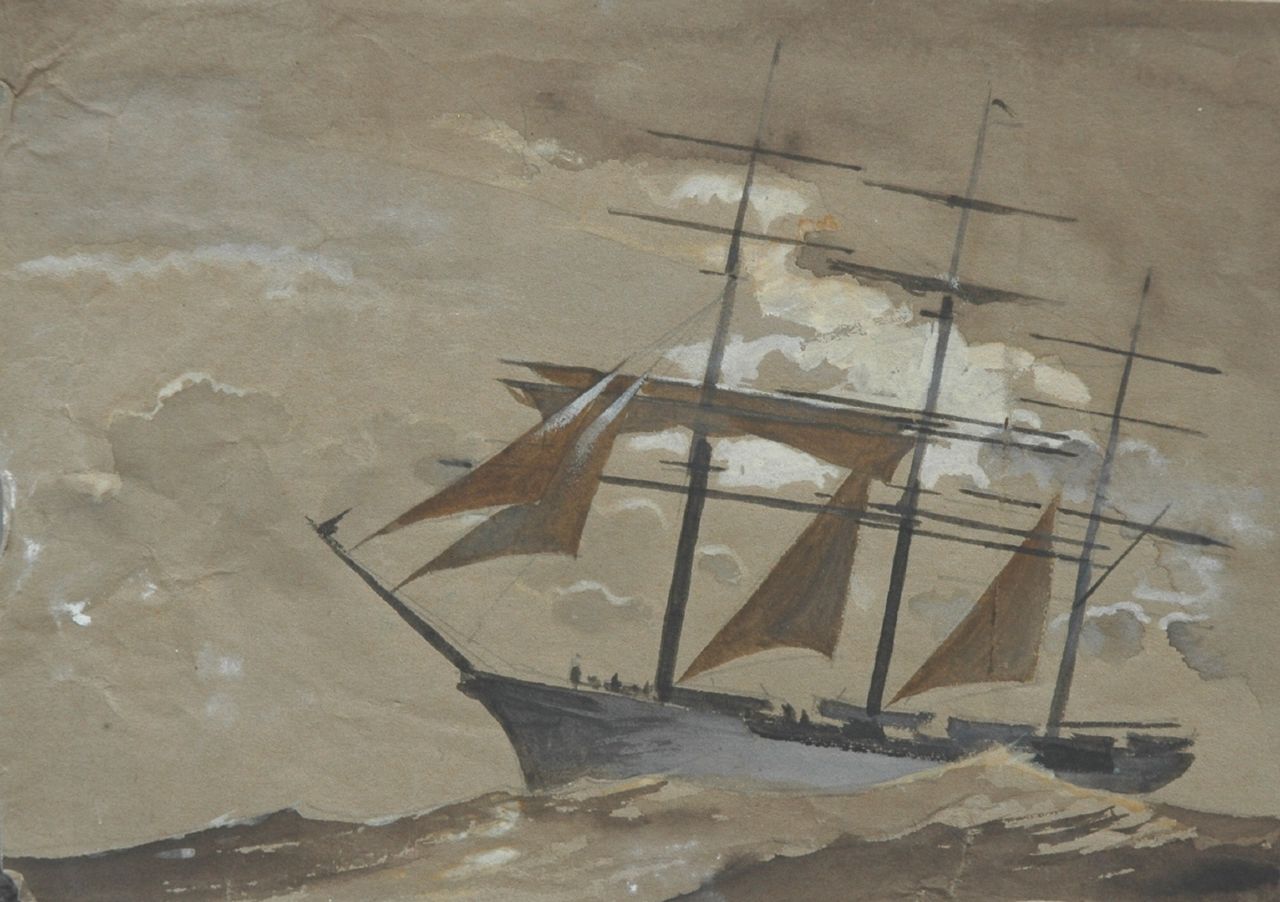 Back R.T.  | Robert Trenaman Back, Driemaster op zee, aquarel op papier 15,0 x 20,9 cm
