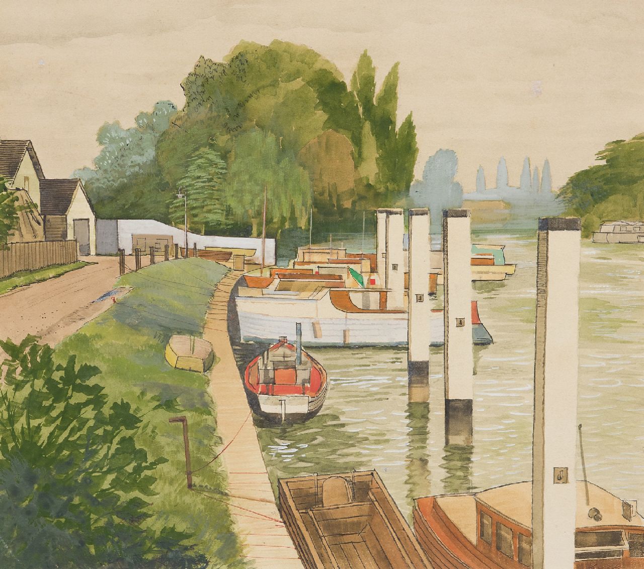 Back R.T.  | Robert Trenaman Back | Aquarellen en tekeningen te koop aangeboden | Het 'Shepperton Lock' in de Thames, aquarel op board 35,4 x 39,9 cm, gesigneerd rechtsonder