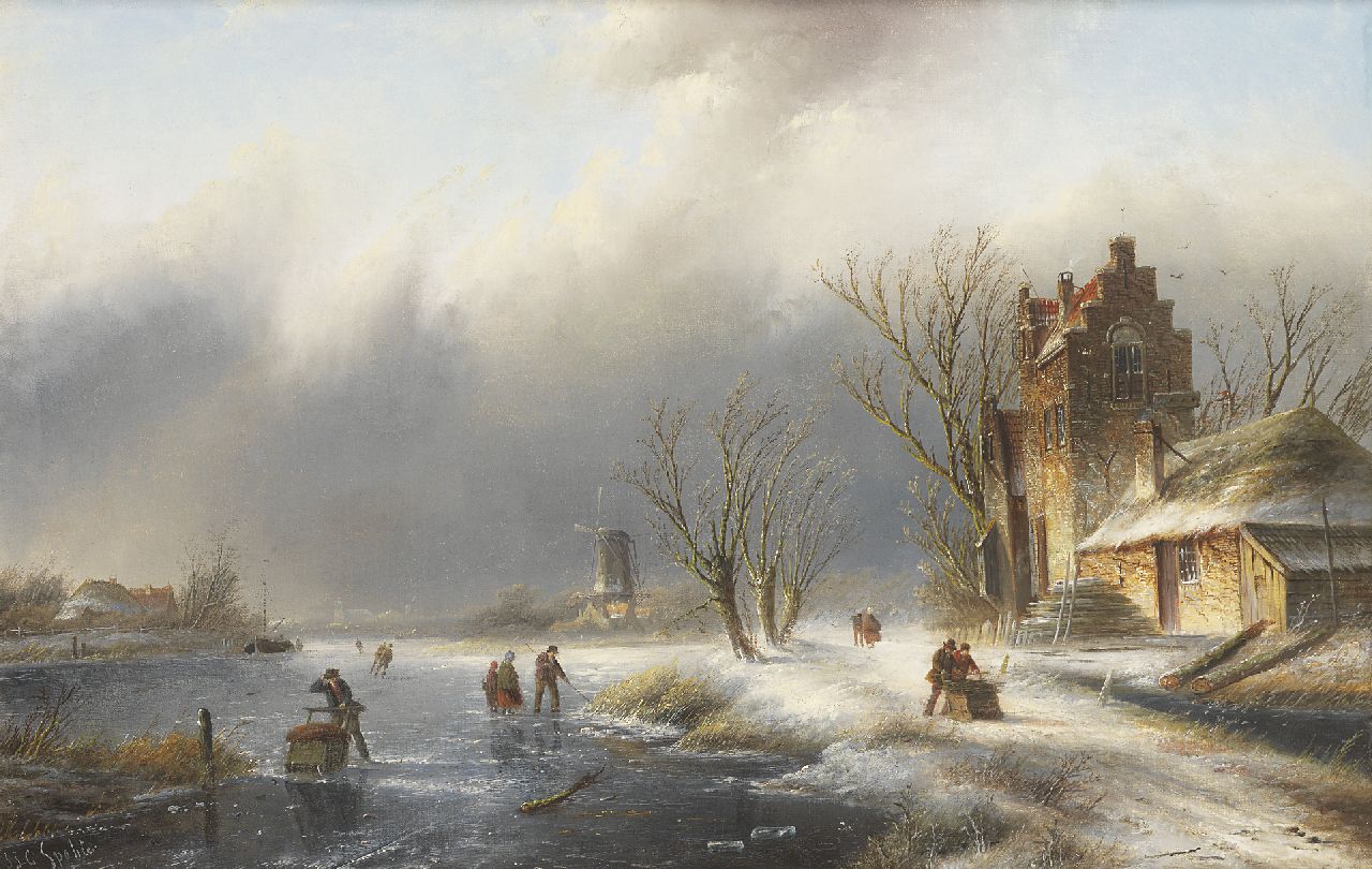 Spohler J.J.C.  | Jacob Jan Coenraad Spohler, Winterlandschap met figuren op en langs bevroren rivier, olieverf op doek 43,6 x 66,8 cm, gesigneerd linksonder