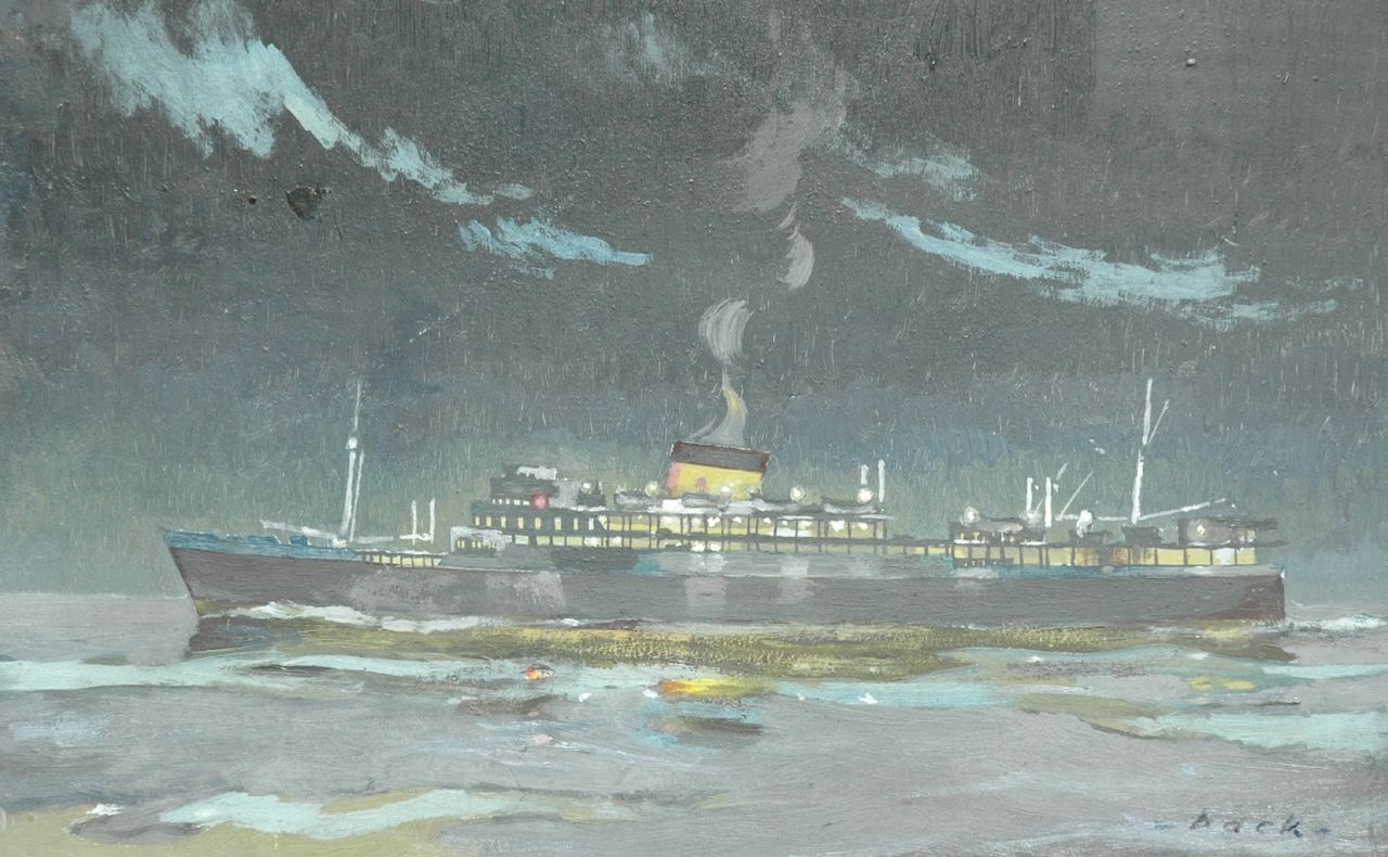 Back R.T.  | Robert Trenaman Back | Schilderijen te koop aangeboden | Passagiersschip op volle zee bij nacht, olieverf op paneel 25,3 x 40,0 cm, gesigneerd rechtsonder
