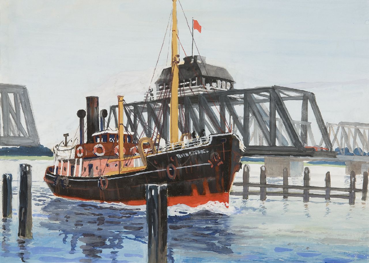 Back R.T.  | Robert Trenaman Back | Aquarellen en tekeningen te koop aangeboden | Trawler, varend bij een draaibrug, aquarel op papier 24,4 x 33,4 cm