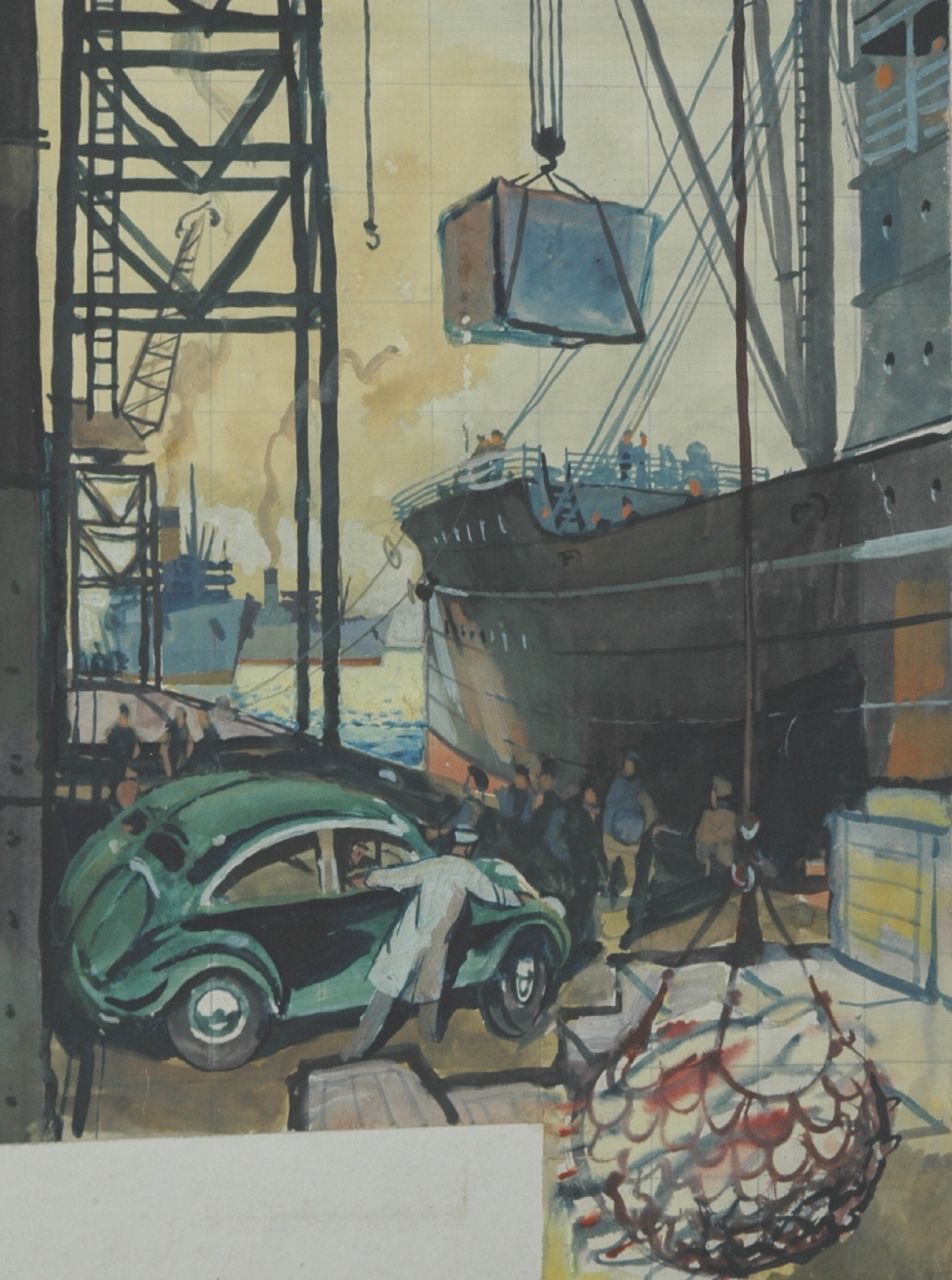 Back R.T.  | Robert Trenaman Back, Het aan boord hijsen van twee Volkswagens 'Kever', aquarel op papier 26,3 x 22,3 cm