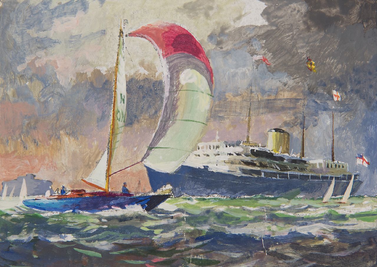Back R.T.  | Robert Trenaman Back | Aquarellen en tekeningen te koop aangeboden | Zeilwedstrijd op zee, aquarel op papier 11,5 x 15,5 cm