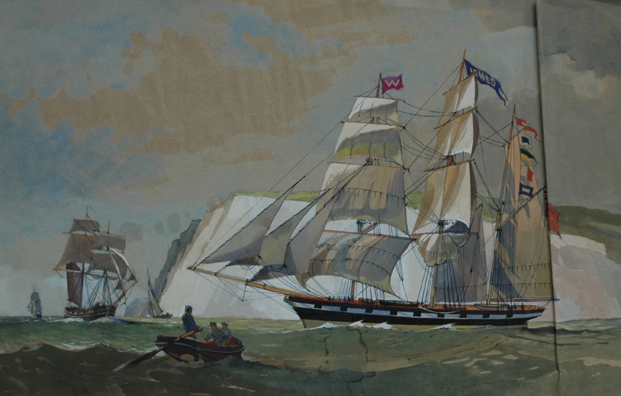 Back R.T.  | Robert Trenaman Back, Zeilende bark voor de Engelse kust, pen, inkt en aquarel op papier 32,0 x 50,6 cm