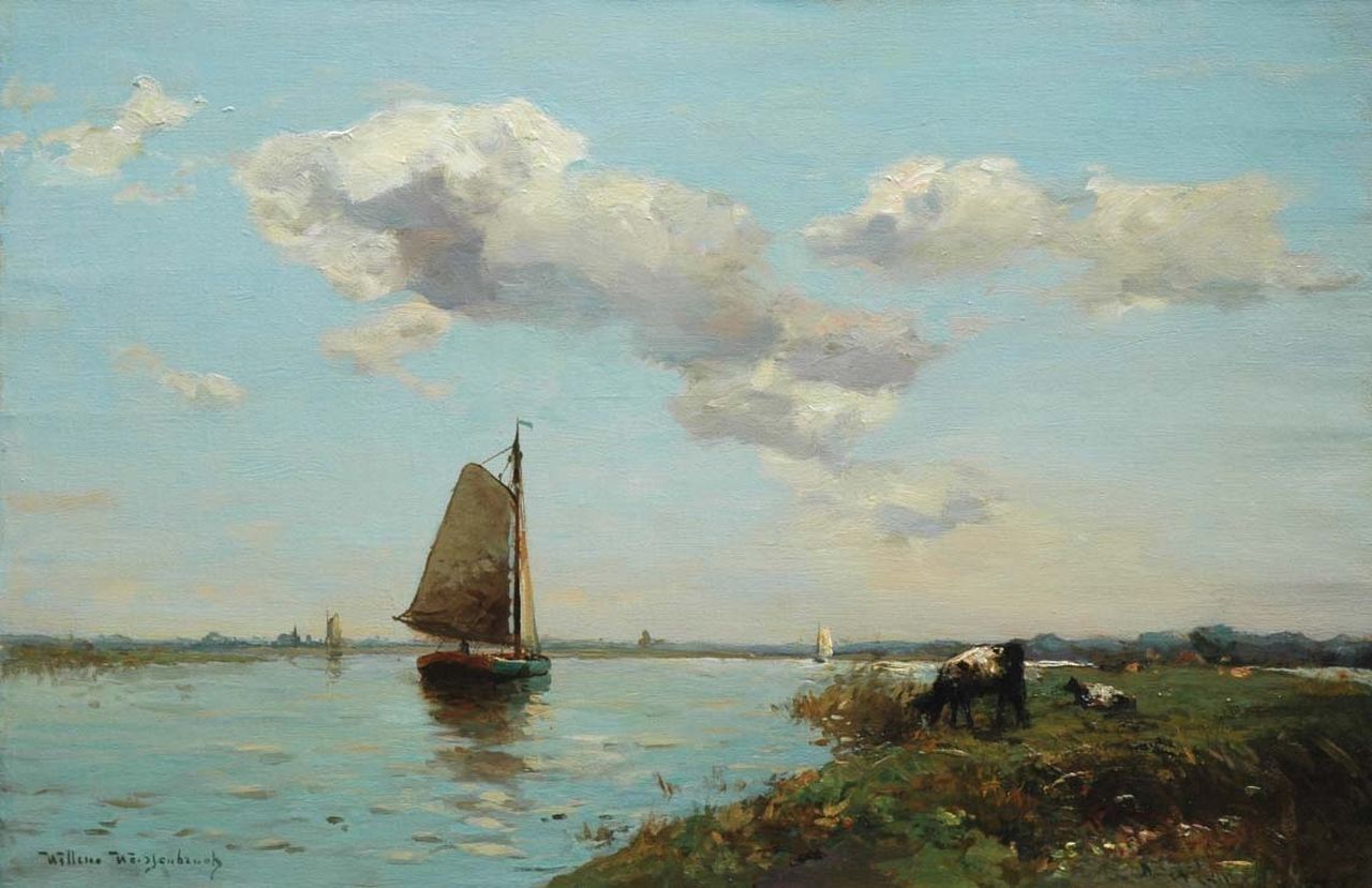 Weissenbruch W.J.  | 'Willem' Johannes Weissenbruch, Zeilboten op een rivier, olieverf op doek 40,2 x 60,6 cm, gesigneerd linksonder