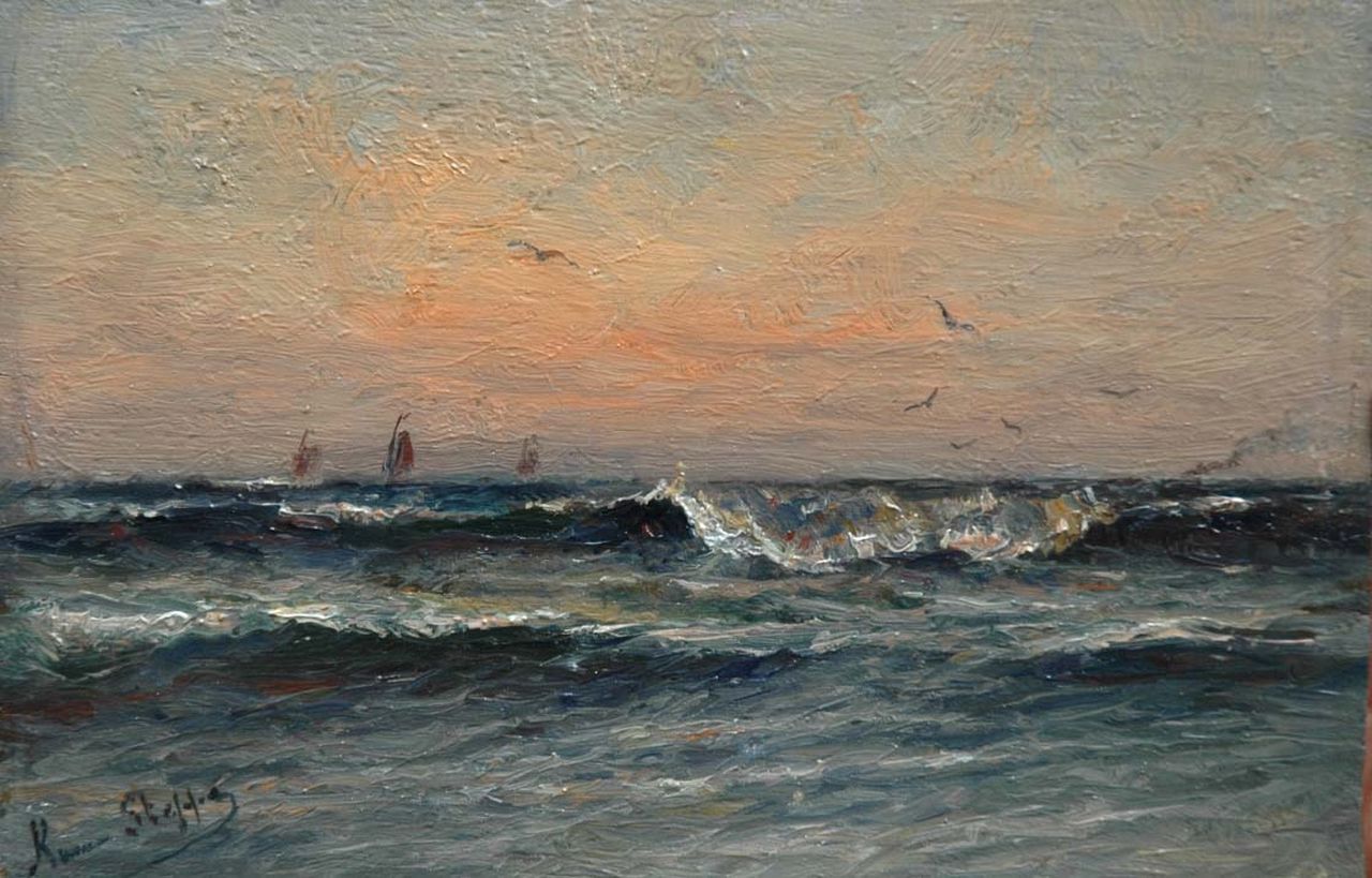 Steppe R.  | Romain Steppe, Herfst, zonsondergang voor de Vlaamse kust, olieverf op paneel 15,7 x 24,0 cm, gesigneerd linksonder