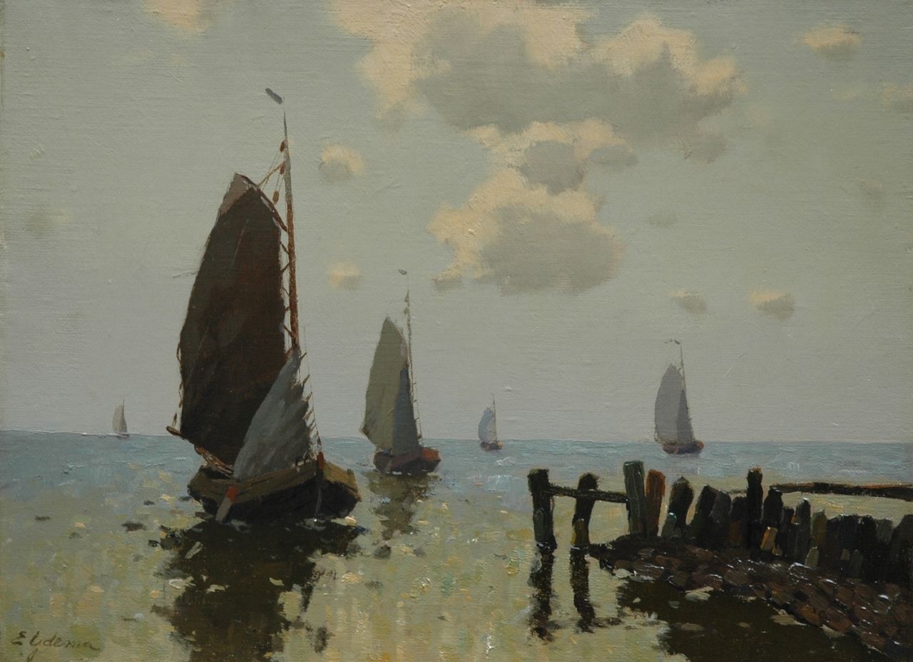 Ydema E.  | Egnatius Ydema, Platbodems voor de haveningang van Hindeloopen, olieverf op doek 30,3 x 40,3 cm, gesigneerd linksonder