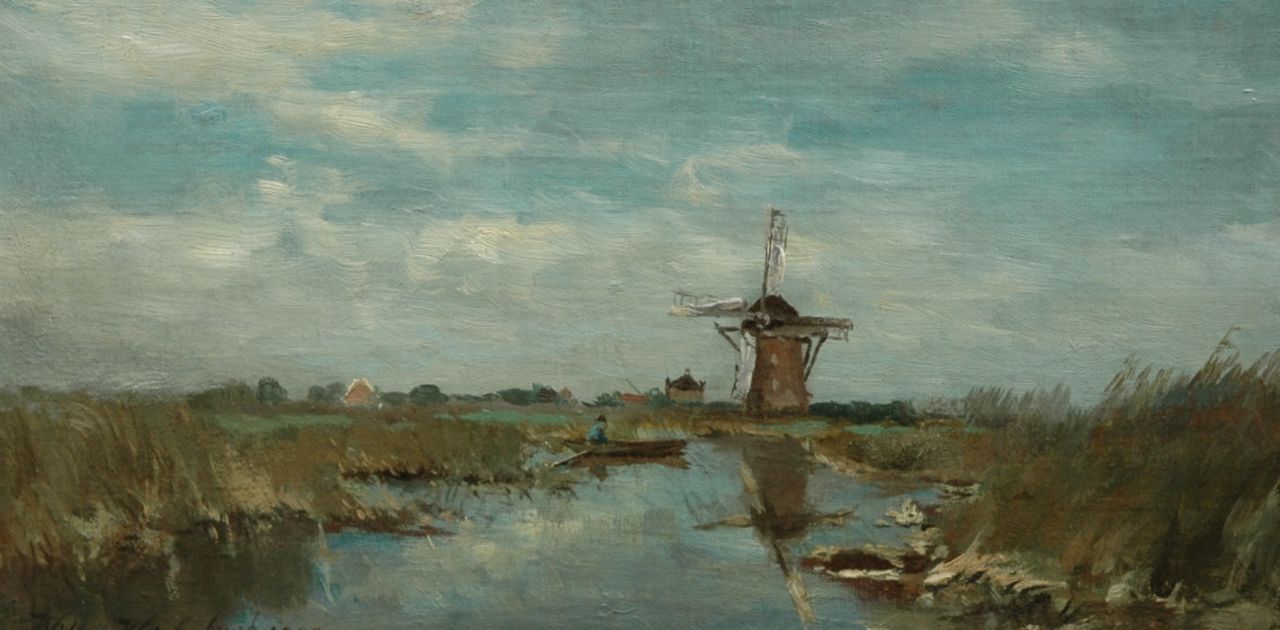 Weissenbruch W.J.  | 'Willem' Johannes Weissenbruch, Windmolen in de polder, olieverf op doek op paneel 16,0 x 30,7 cm, gesigneerd linksonder en gedateerd 1900