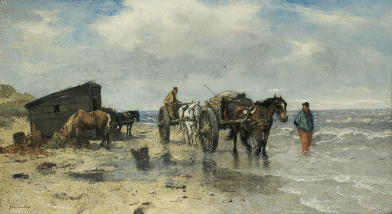 Scherrewitz J.F.C. | Johan Frederik Cornelis Scherrewitz, Schelpenkarren op het strand, olieverf op doek 55,5 x 100,7 cm, gesigneerd linksonder Scherrewitz J.F.C. | Johan Frederik Cornelis Scherrewitz, Schelpenkarren op het strand, olieverf op doek 55,5 x 100,7 cm, gesigneerd linksonder