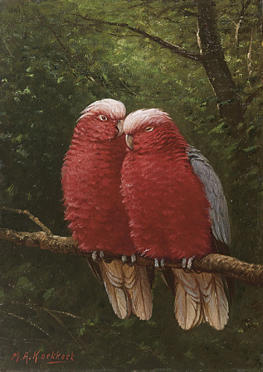 Koekkoek II M.A.  | Marinus Adrianus Koekkoek II, Rosé kaketoes; vogelpaartje, olieverf op doek 37,7 x 26,8 cm, gesigneerd linksonder