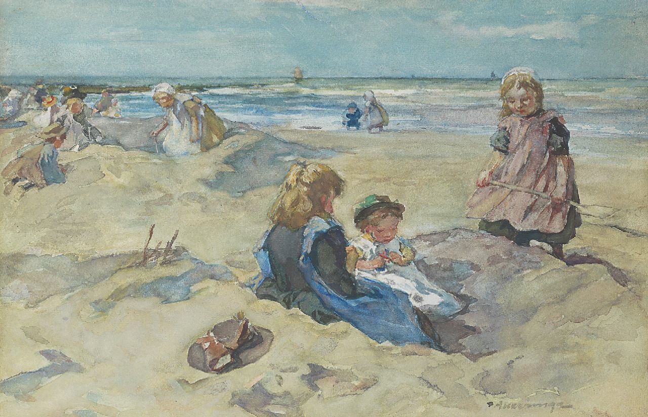 Akkeringa J.E.H.  | 'Johannes Evert' Hendrik Akkeringa, Een zomerse dag aan het strand, aquarel op papier 26,7 x 40,7 cm, gesigneerd rechtsonder