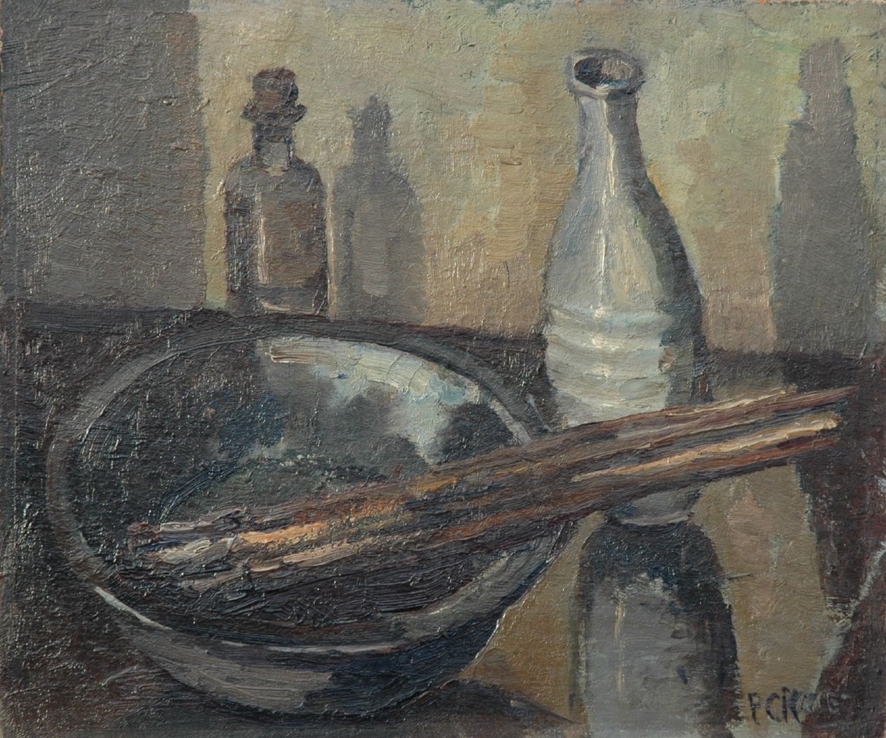 Piet Kloes | Penselen, olieverf op doek op paneel, 35,1 x 41,5 cm, gesigneerd r.o. en gedateerd 1952