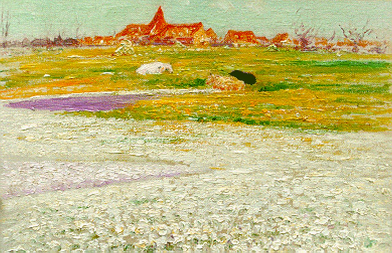 Lefebvre A.  | Albrecht 'Albert' Lefebvre, Bollenvelden met dorpje op achtergrond, olieverf op doek 26,0 x 35,5 cm, gesigneerd linksonder