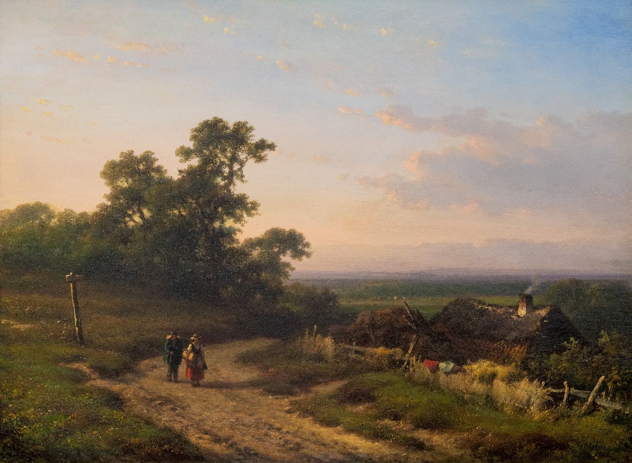 Kleijn L.J.  | Lodewijk Johannes Kleijn, Panoramisch zomerlandschap met boerenvolk (alleen tezamen met 9792), olieverf op paneel 34,5 x 46,7 cm, gesigneerd rechtsonder