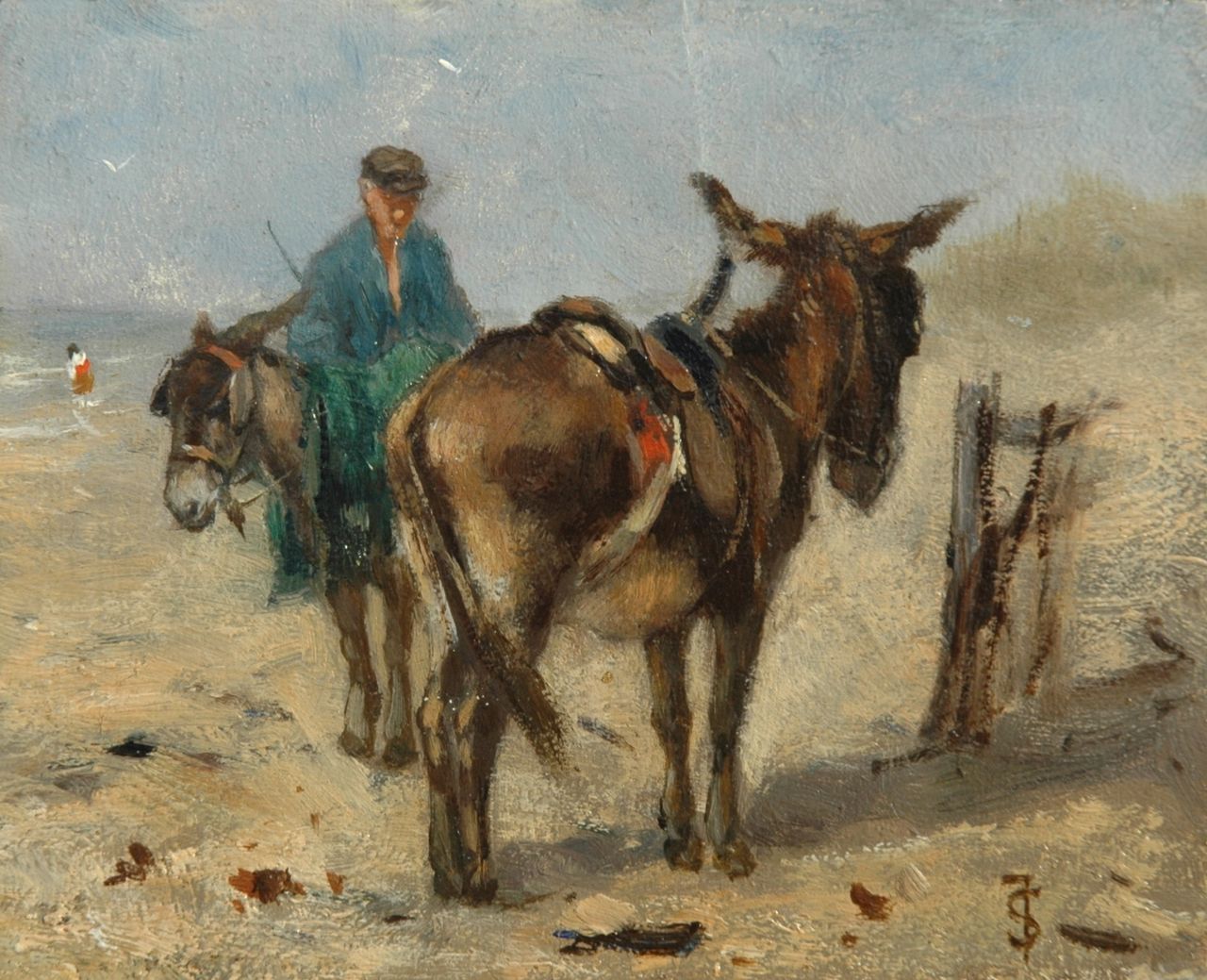 Scherrewitz J.F.C.  | Johan Frederik Cornelis Scherrewitz, Ezeltjes met drijver op het strand, olieverf op paneel 11,0 x 13,4 cm, gesigneerd rechtsonder met monogram