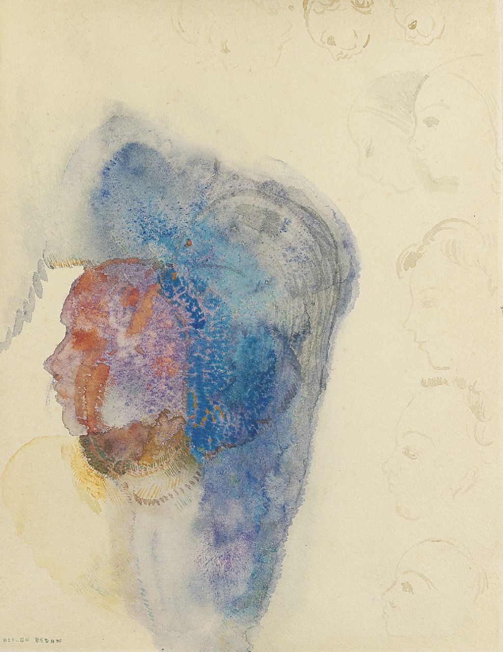 Redon B.-J.  | Bertrand-Jean 'Odilon' Redon, Vrouw en profil, pen, bruine inkt en aquarel op papier 27,5 x 21,1 cm, gesigneerd linksonder en te dateren ca. 1912