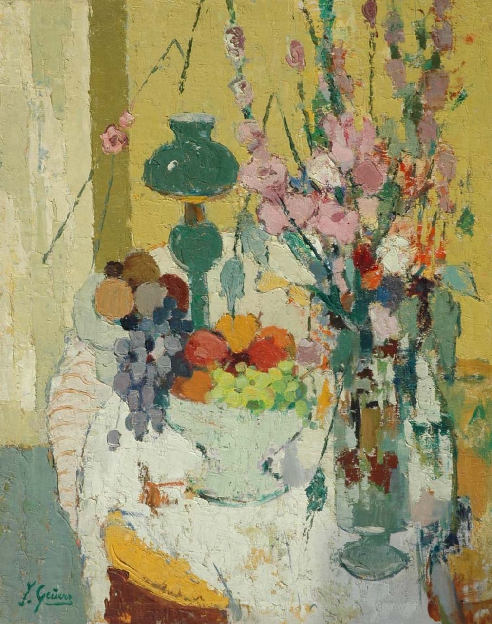Geuens J.  | Jacques Geuens, Stilleven van bloemen en vruchten op een tafel, olieverf op doek 99,3 x 79,8 cm, gesigneerd linksonder