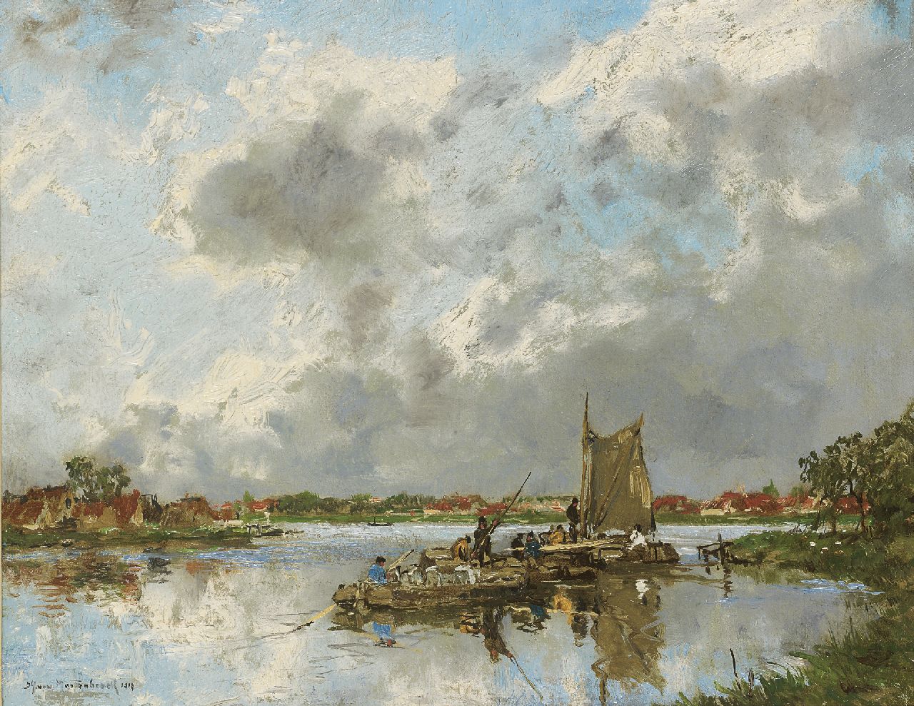 Mastenbroek J.H. van | Johan Hendrik van Mastenbroek, Pramen en zeilschip in een brede rivierbocht, olieverf op doek 27,3 x 35,0 cm, gesigneerd linksonder en gedateerd 1919