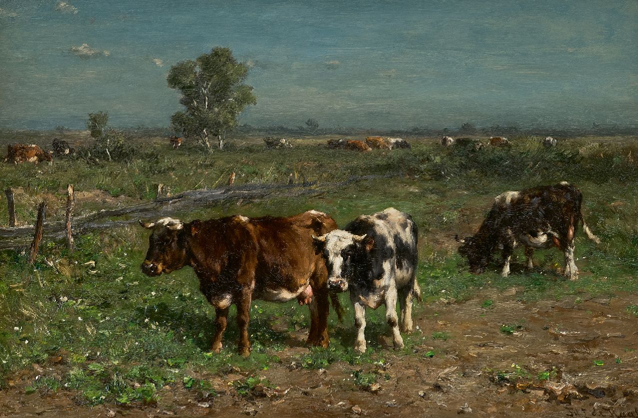Haas J.H.L. de | Johannes Hubertus Leonardus de Haas | Schilderijen te koop aangeboden | Zwart- en roodbont vee in een weide, olieverf op paneel 31,3 x 47,2 cm, gesigneerd rechtsonder