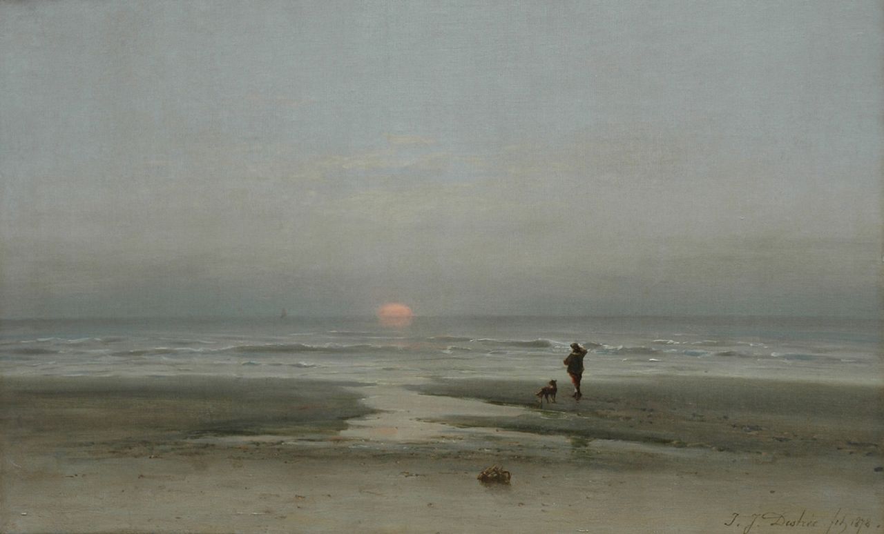 Destrée J.J.  | Johannes Josephus Destrée, Bij zonsondergang op het strand, olieverf op doek 50,5 x 80,9 cm, gesigneerd rechtsonder en gedateerd 1878