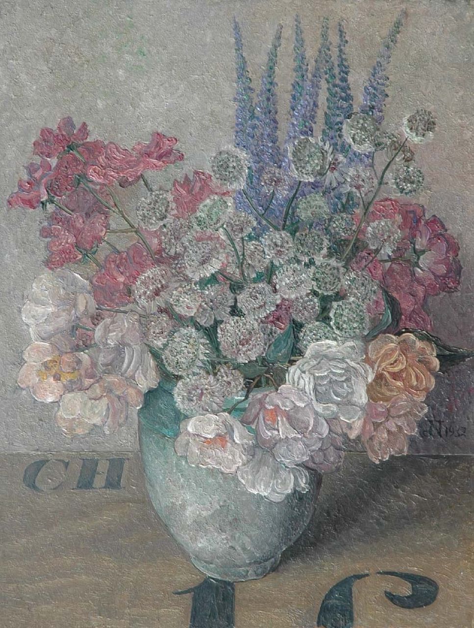 Nieweg J. | Jakob Nieweg, Stilleven van rose bloemen, olieverf op paneel 35,5 x 27,3 cm, gesigneerd rechts van het midden met monogram en gedateerd 1932 Nieweg J. | Jakob Nieweg, Stilleven van rose bloemen, olieverf op paneel 35,5 x 27,3 cm, gesigneerd rechts van het midden met monogram en gedateerd 1932
