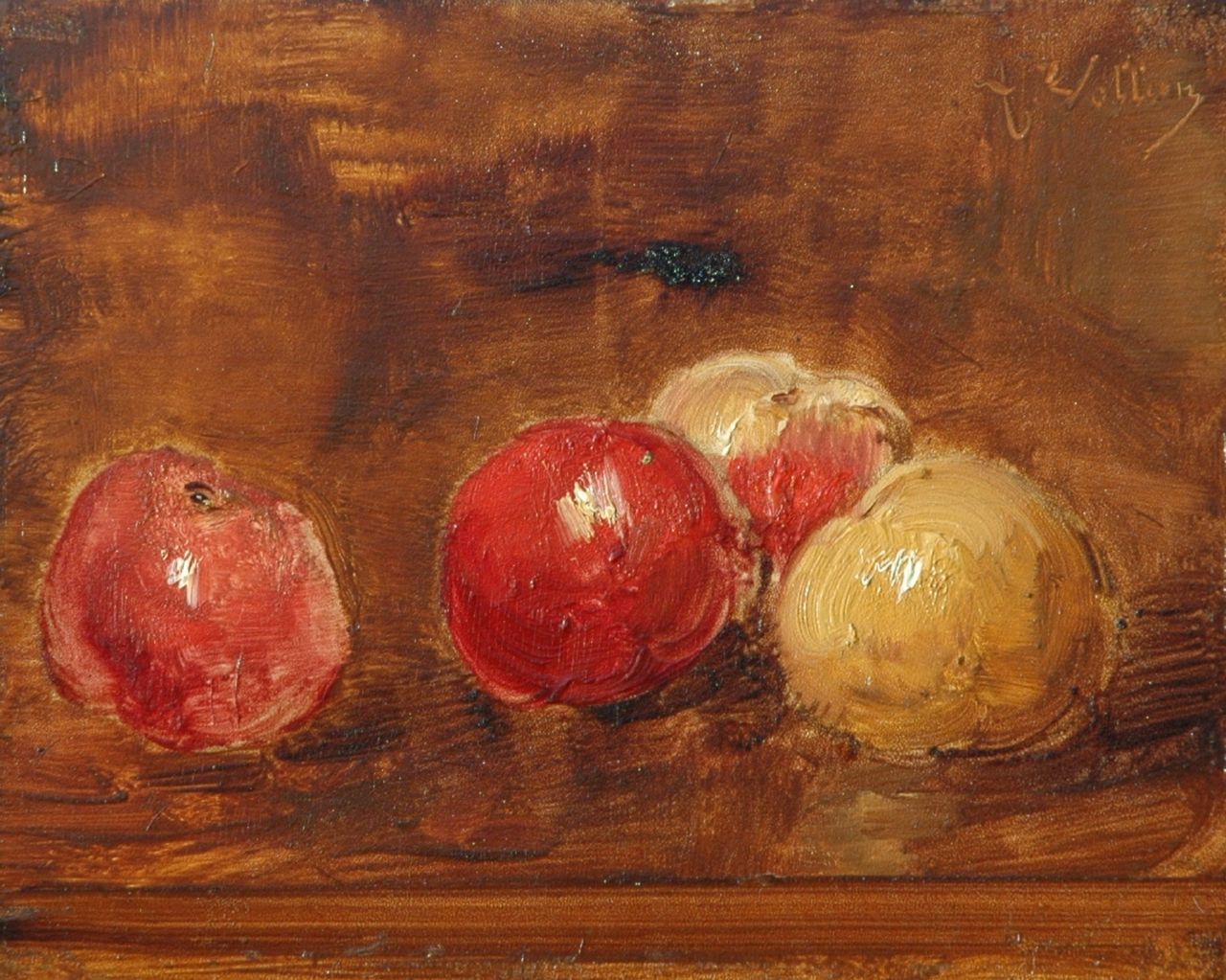 Vollon A.  | Antoine Vollon, Stilleven met appels, olieverf op paneel 21,4 x 26,8 cm, gesigneerd rechtsboven