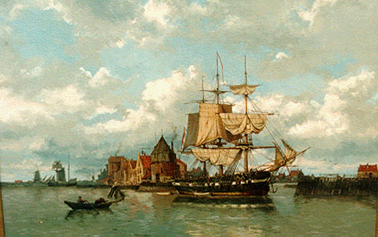 Koekkoek G.J.  | Gerardus Johannes 'Gerard' Koekkoek, 'n Driemaster in de haven van Hoorn, olieverf op doek 63,0 x 84,0 cm, gesigneerd rechtsonder
