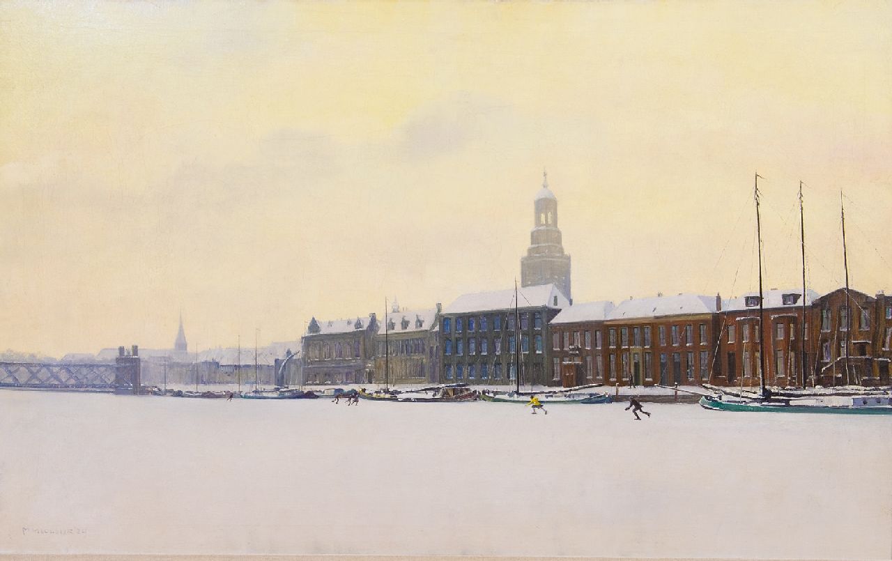 Meuldijk M.  | Maarten Meuldijk, Schaatsers op de IJssel bij Kampen, olieverf op doek 64,0 x 100,7 cm, gesigneerd linksonder en gedateerd '29