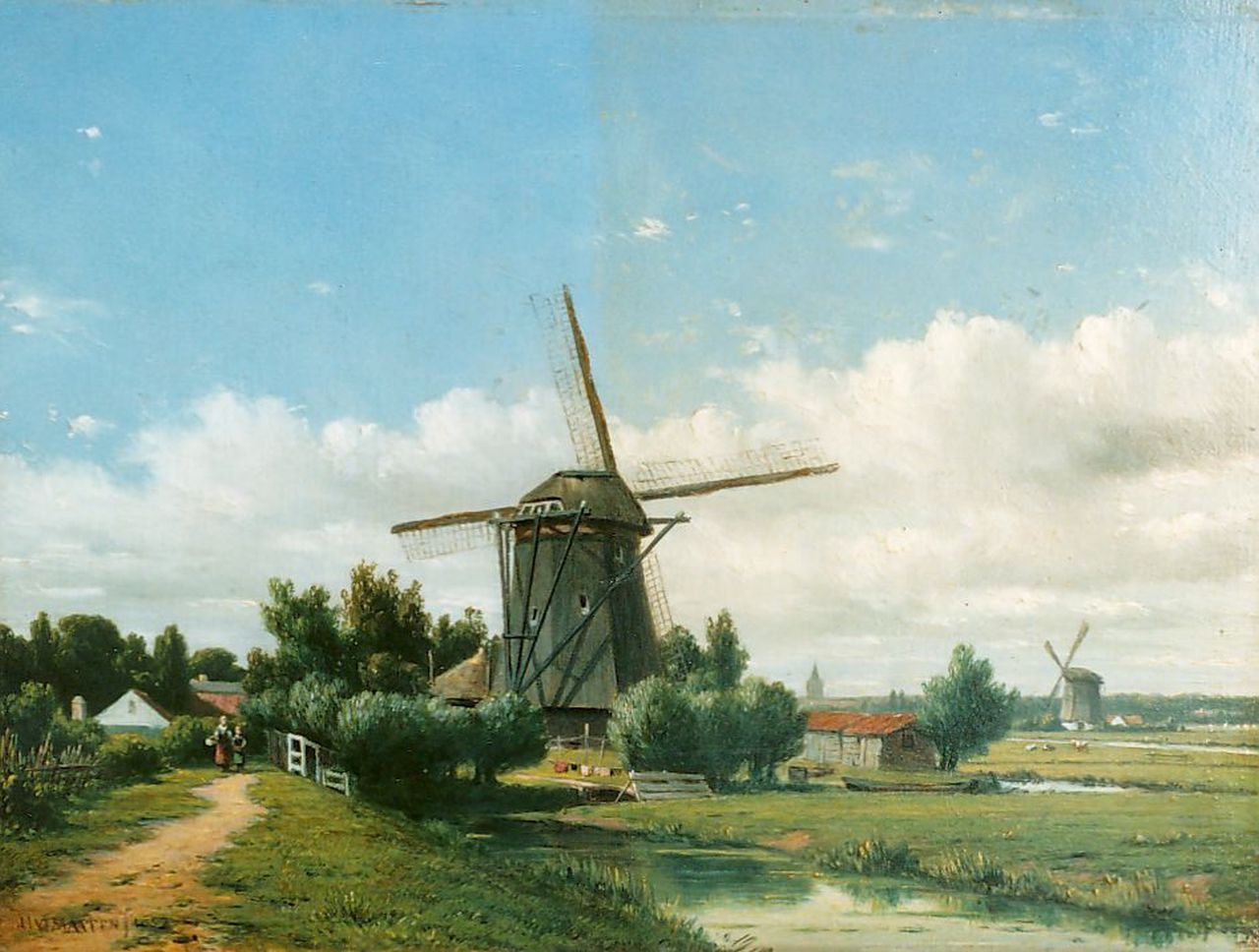 Maaten J.J. van der | Jacob Jan van der Maaten, Molenlandschap met personen op een pad, olieverf op paneel 21,0 x 28,5 cm, gesigneerd linksonder en gedateerd 1852