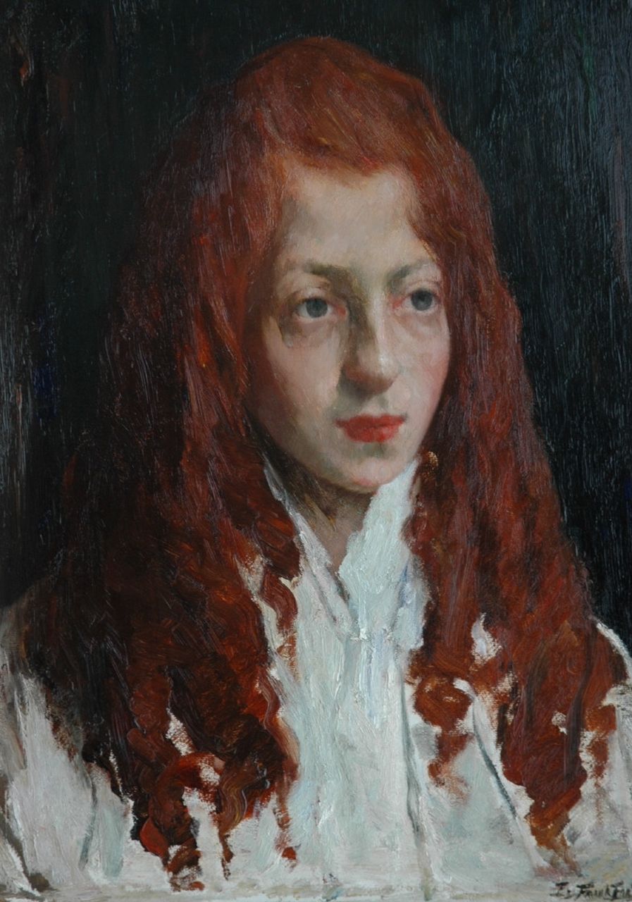 Frankfort E.  | Eduard Frankfort, Joods meisje met rood haar, olieverf op board 48,5 x 35,5 cm, gesigneerd rechtsonder