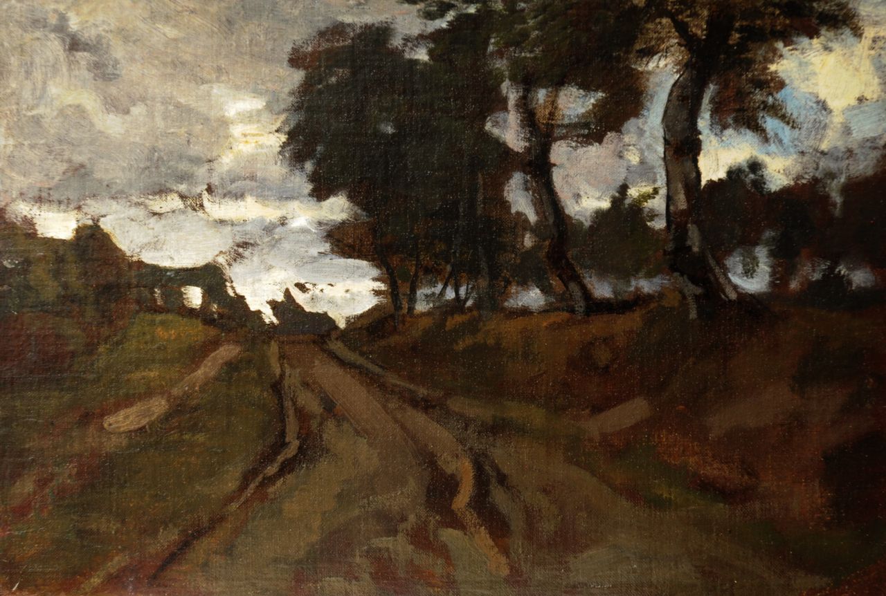 Frankfort E.  | Eduard Frankfort, Zandweg tussen bomen, olieverf op doek op board 24,1 x 35,4 cm