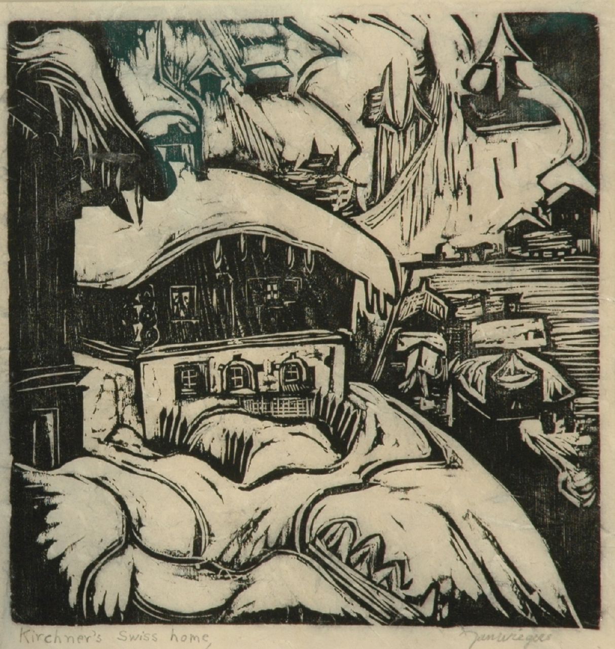 Wiegers J.  | Jan Wiegers, Het huis van Ernst Ludwig Kirchner in Davos, houtsnede op Japans papier 31,0 x 32,5 cm, gesigneerd rechtsonder in potlood