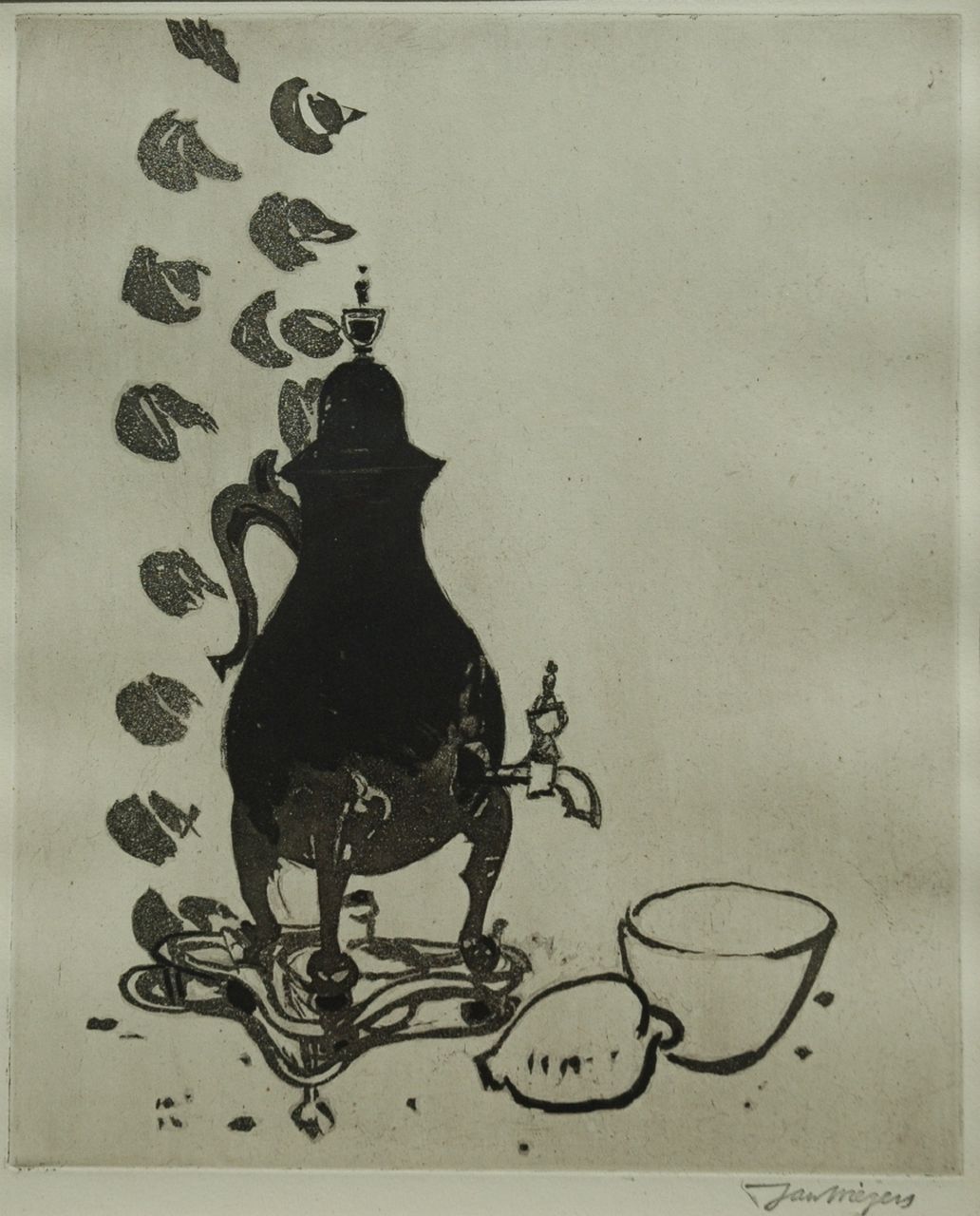 Wiegers J.  | Jan Wiegers, Stilleven met kraantjeskan, aquatint 35,0 x 28,0 cm, gesigneerd  rechtsonder met naamstempel