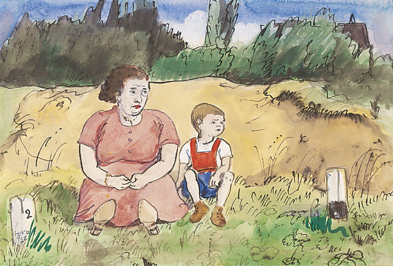 Kamerlingh Onnes H.H.  | 'Harm' Henrick Kamerlingh Onnes, Bermtoerisme, zwarte inkt en aquarel op papier 16,0 x 23,0 cm, gesigneerd linksonder met monogram en gedateerd '56