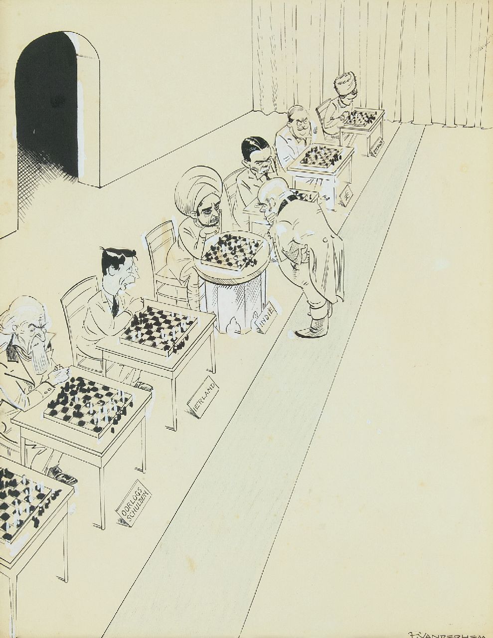 Hem P. van der | Pieter 'Piet' van der Hem | Aquarellen en tekeningen te koop aangeboden | John Bull als simultaan schaakspeler, pen en penseel, inkt en gouache op papier 45,0 x 35,5 cm, gesigneerd rechtsonder
