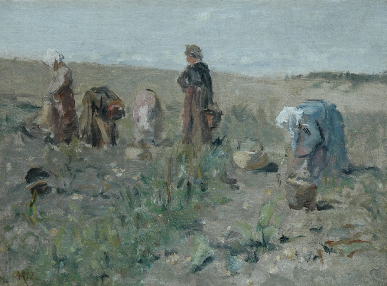 Artz D.A.C. | David Adolphe Constant Artz, Aardappelrooisters in de duinen, olieverf op doek op paneel 30,9 x 41,6 cm, gesigneerd linksonder Artz D.A.C. | David Adolphe Constant Artz, Aardappelrooisters in de duinen, olieverf op doek op paneel 30,9 x 41,6 cm, gesigneerd linksonder