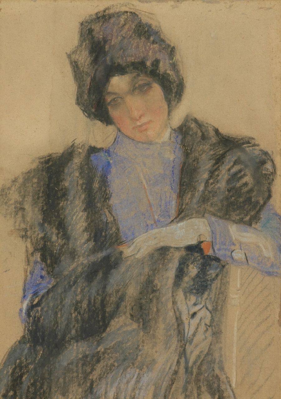 Vaarzon Morel W.F.A.I.  | Wilhelm Ferdinand Abraham Isaac 'Willem' Vaarzon Morel, Jonge vrouw met hoed en stola, pastel op karton 72,1 x 52,0 cm