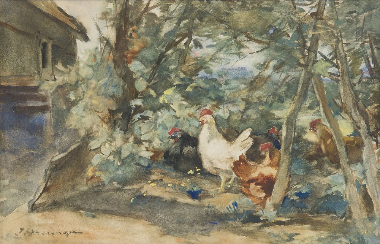 Johannes Evert Akkeringa | Kippen op een erfje, aquarel op papier, 18,7 x 29,3 cm, gesigneerd l.o.