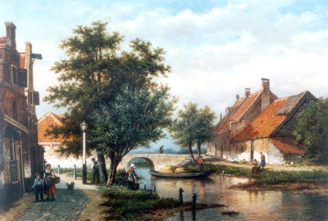 Heerebaart G.  | Georgius Heerebaart, Stadsgezicht met boer en duwboot, olieverf op paneel 26,2 x 36,0 cm, gesigneerd linksonder