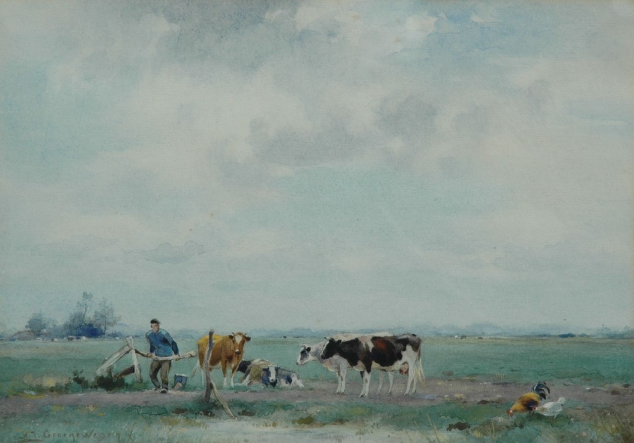 Groenewegen A.J.  | Adrianus Johannes Groenewegen, Vee in de wei: melktijd, aquarel op papier 30,5 x 22,0 cm, gesigneerd linksonder