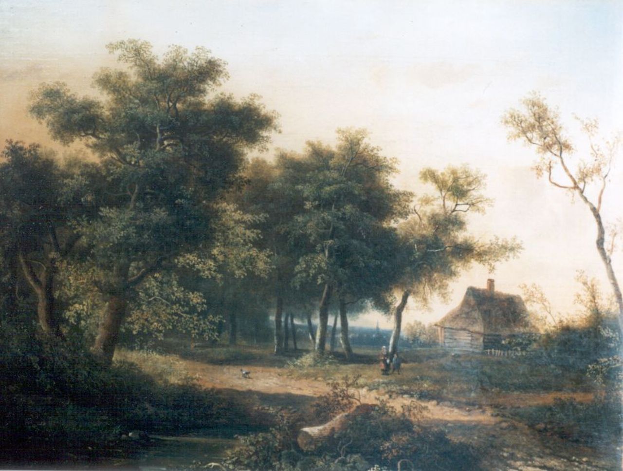 Jansen J.M. | Johannes Mauritz Jansen, Bebosd landschap met boeren en hond bij boerderij, olieverf op doek 37,5 x 48,2 cm, gesigneerd linksonder Jansen J.M. | Johannes Mauritz Jansen, Bebosd landschap met boeren en hond bij boerderij, olieverf op doek 37,5 x 48,2 cm, gesigneerd linksonder