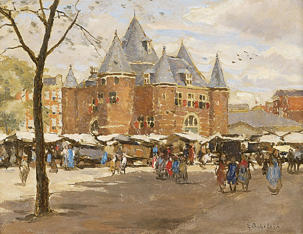 Bobeldijk F.  | Felicien Bobeldijk, Nieuwmarkt met De Waag, Amsterdam, olieverf op paneel 16,9 x 22,0 cm, gesigneerd rechtsonder en verso op etiket